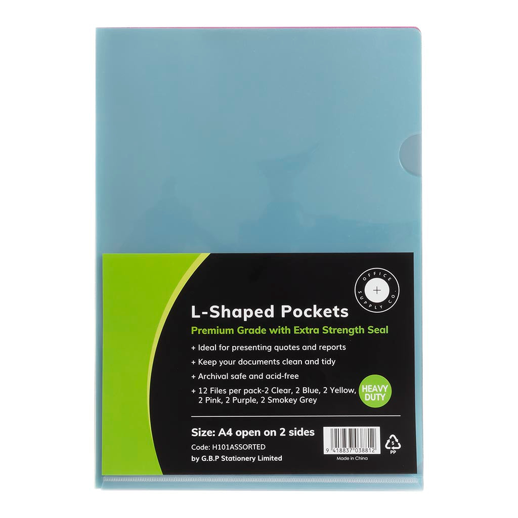 OSC L Shaped Pockets A4 Assorted Colours, Pack of 12