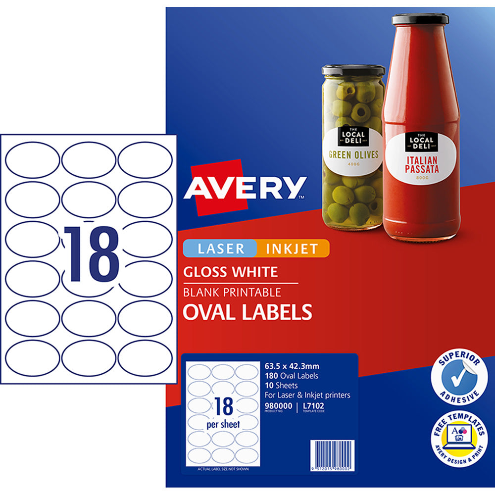 Avery Label L7102 Oval White Glossy 18up 10 Sheets 63x42mm - Cafe Supply