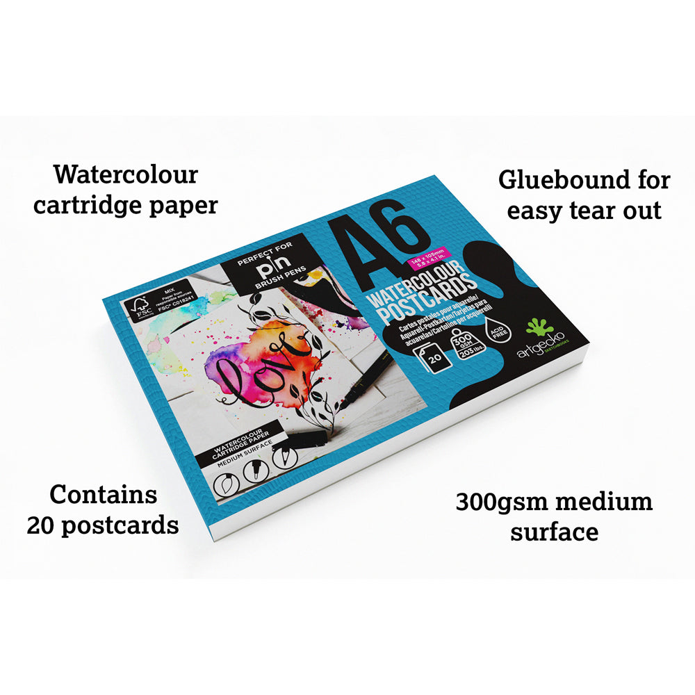 Artgecko Pro Watercolour Postcards A6 20 Sheets 300gsm White Paper - Cafe Supply