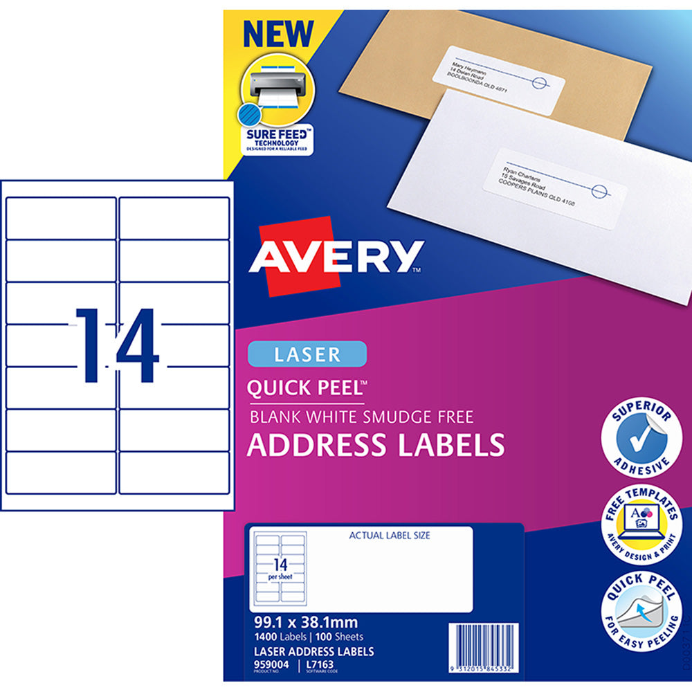 Avery Label L7163 Quick Peel 99.1x38.1mm 14up 100 Sheets - Cafe Supply