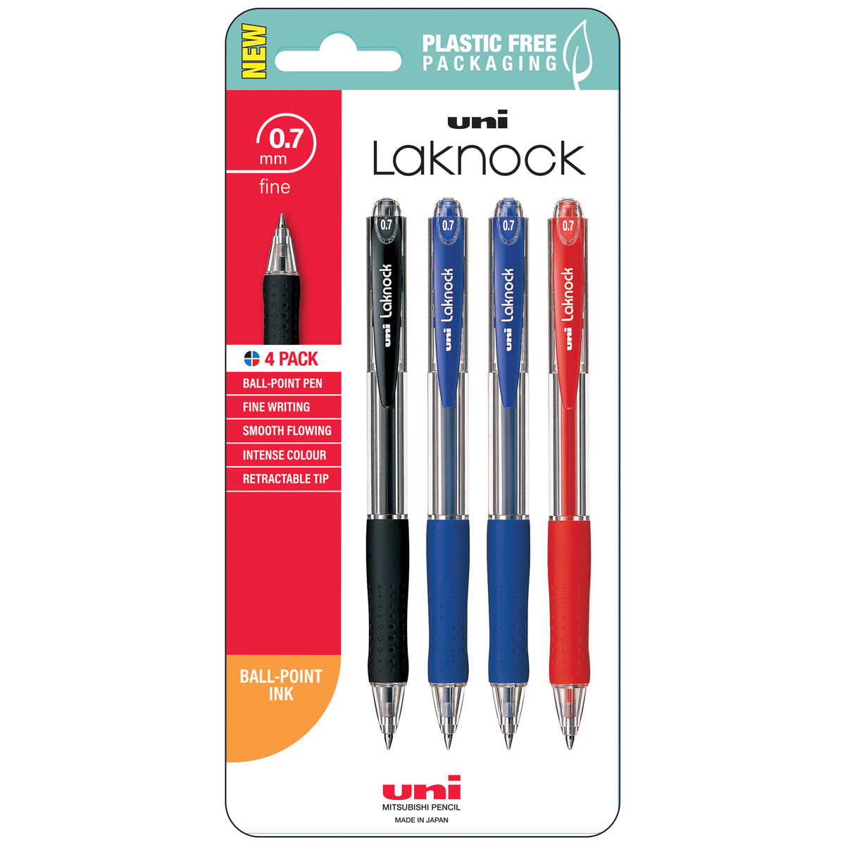 Uni Laknock 0.7mm Fine Retractable Assorted Hangsell Pk4