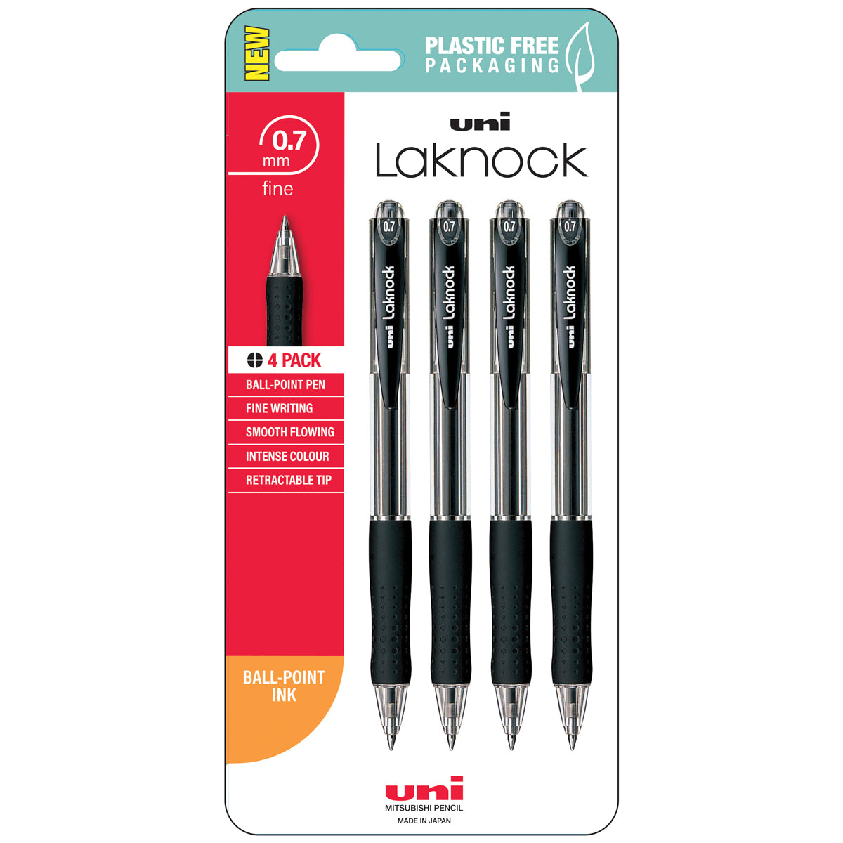 Uni Laknock 0.7mm Fine Retractable Black Hangsell Pk4