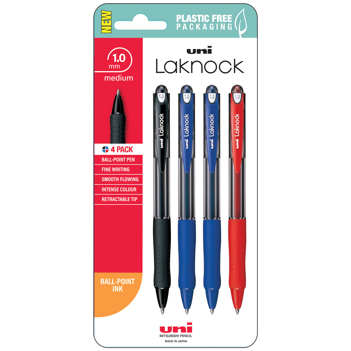 Uni Laknock 1.0mm Medium Retractable Assorted Hangsell Pk4