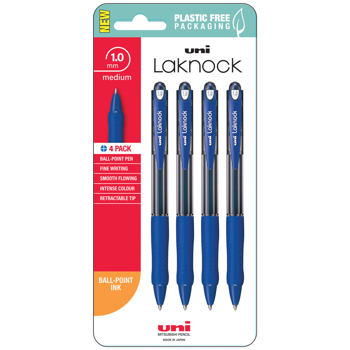 Uni Laknock 1.0mm Medium Retractable Blue Hangsell Pk4