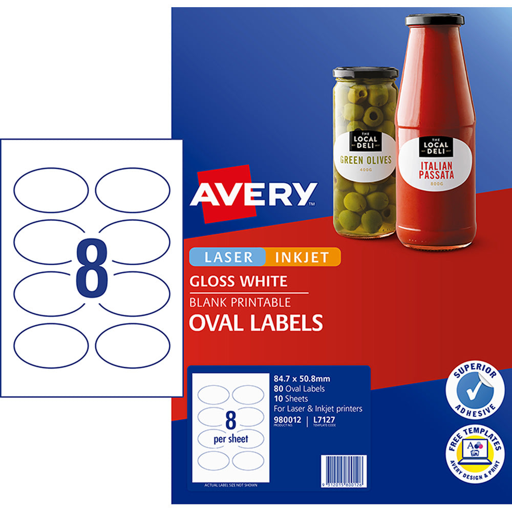 Avery Label L7127 Oval Glossy 8up 10 Sheets 84x50mm - Cafe Supply