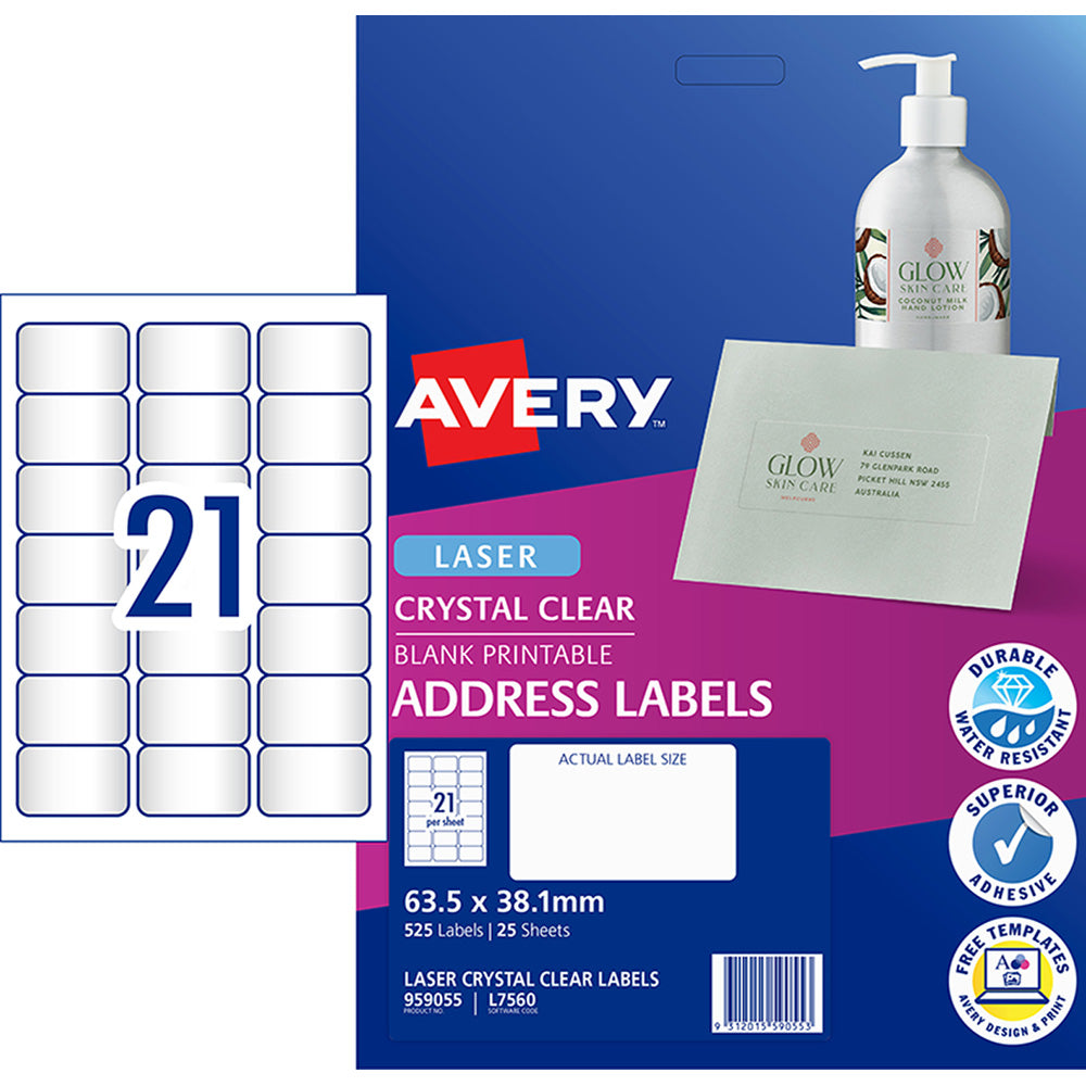 Avery Label L7560-25 Clear 21up 25 Sheets 63x38mm - Cafe Supply