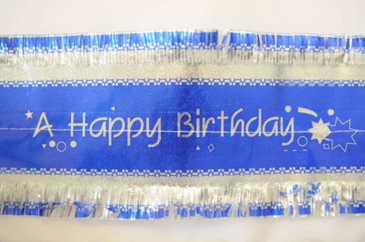 Happy Birthday Band 1m x 76mm wide Silver on Blue