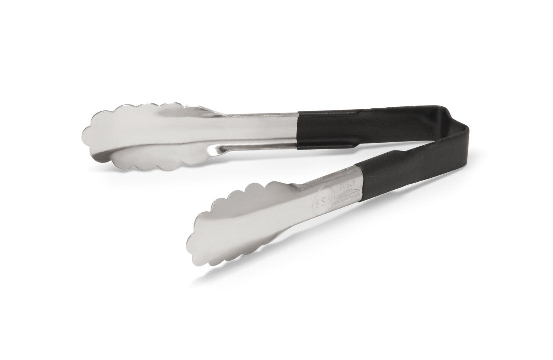 6-inch stainless steel one-piece scalloped tongs with black Kool-Touch® handle