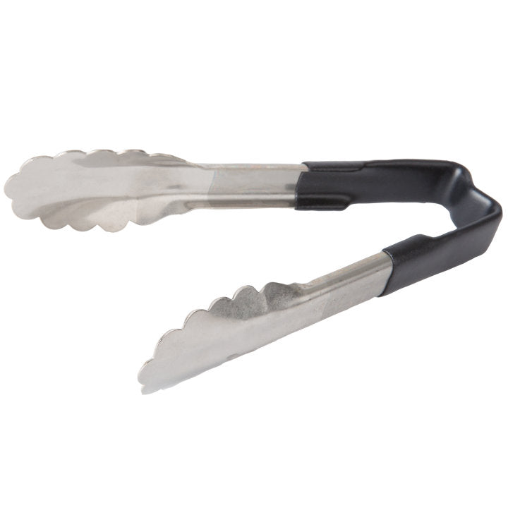 6-inch stainless steel one-piece scalloped tongs with black Kool-Touch® handle