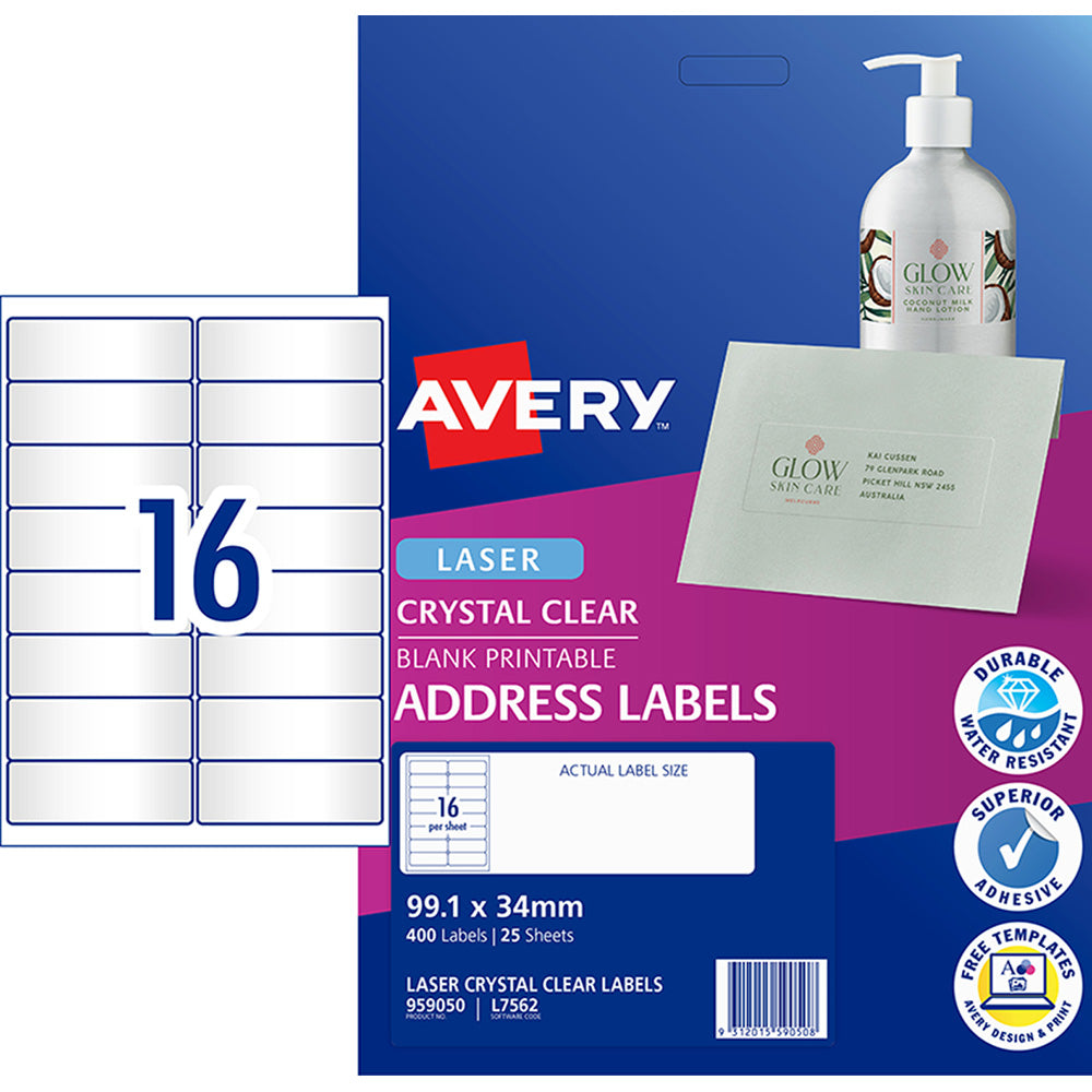 Avery Label L7562-25 Clear 16up 25 Sheets 99x34mm - Cafe Supply