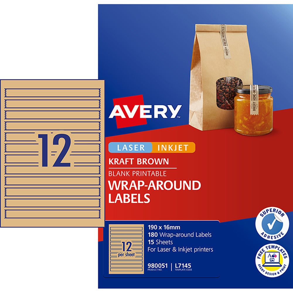 Avery Label L7145 Wrapround Kraft 190x16mm 12up 15 Sheets - Cafe Supply