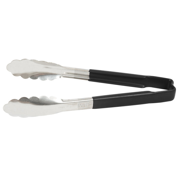 9 ½-inch stainless steel one-piece scalloped tongs with black Kool-Touch® handle