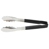 9 ½-inch stainless steel one-piece scalloped tongs with black Kool-Touch® handle