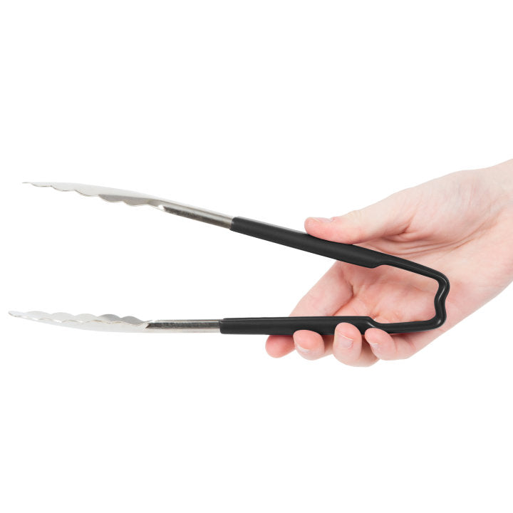 9 ½-inch stainless steel one-piece scalloped tongs with black Kool-Touch® handle