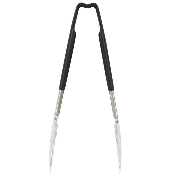 9 ½-inch stainless steel one-piece scalloped tongs with black Kool-Touch® handle