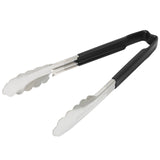 9 ½-inch stainless steel one-piece scalloped tongs with black Kool-Touch® handle