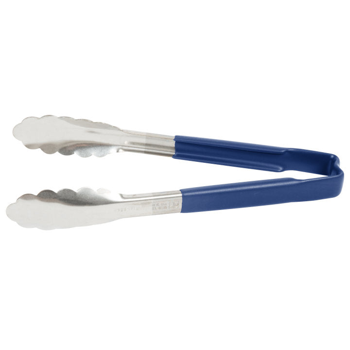 9 ½-inch stainless steel one-piece scalloped tongs with blue Kool-Touch® handle