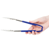 9 ½-inch stainless steel one-piece scalloped tongs with blue Kool-Touch® handle