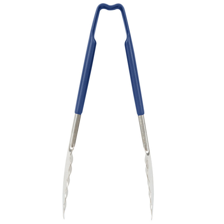 9 ½-inch stainless steel one-piece scalloped tongs with blue Kool-Touch® handle