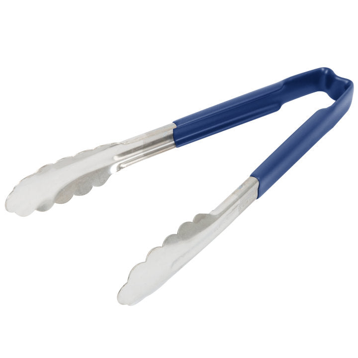 9 ½-inch stainless steel one-piece scalloped tongs with blue Kool-Touch® handle