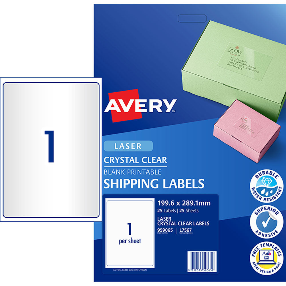 Avery Label L7567-25 Crystal Clear 1up 25 Sheets 199x289mm - Cafe Supply