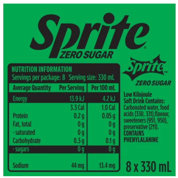 Sprite Zero Sugar Natural Flavour Soft Drink Cans 8 x 330ml