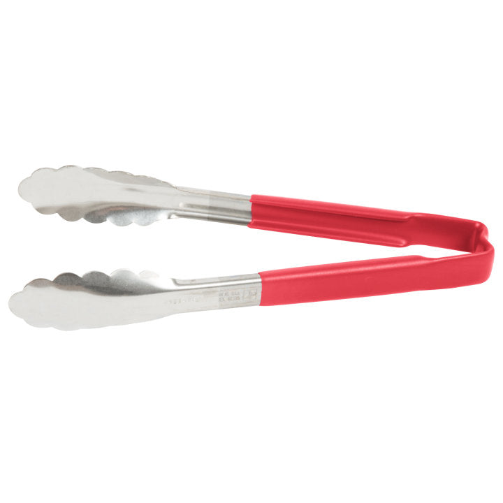 9 ½-inch stainless steel one-piece scalloped tongs with red Kool-Touch® handle