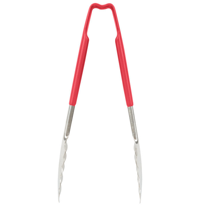 9 ½-inch stainless steel one-piece scalloped tongs with red Kool-Touch® handle