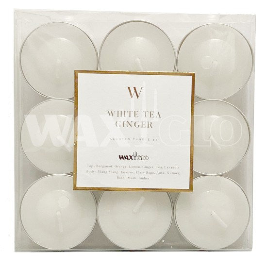 'W' SCENTED RANGE 4 HOUR TEALIGHTS (9pk) - WHITE TEA GINGER