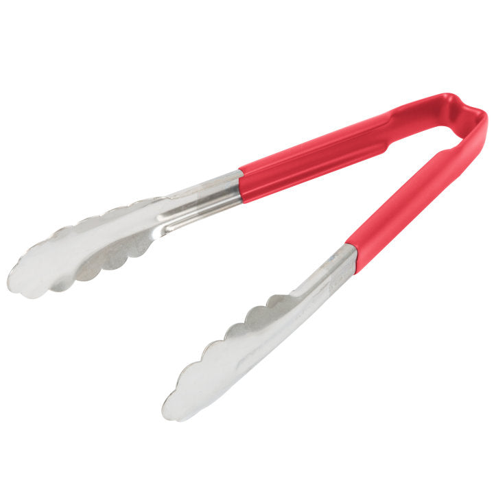 9 ½-inch stainless steel one-piece scalloped tongs with red Kool-Touch® handle