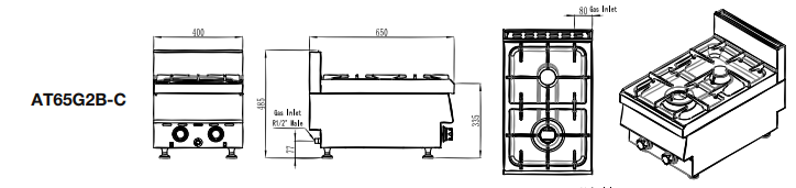 2 BURNER COOK TOP 650 LPG AT65G2B-C-LPG - Cafe Supply