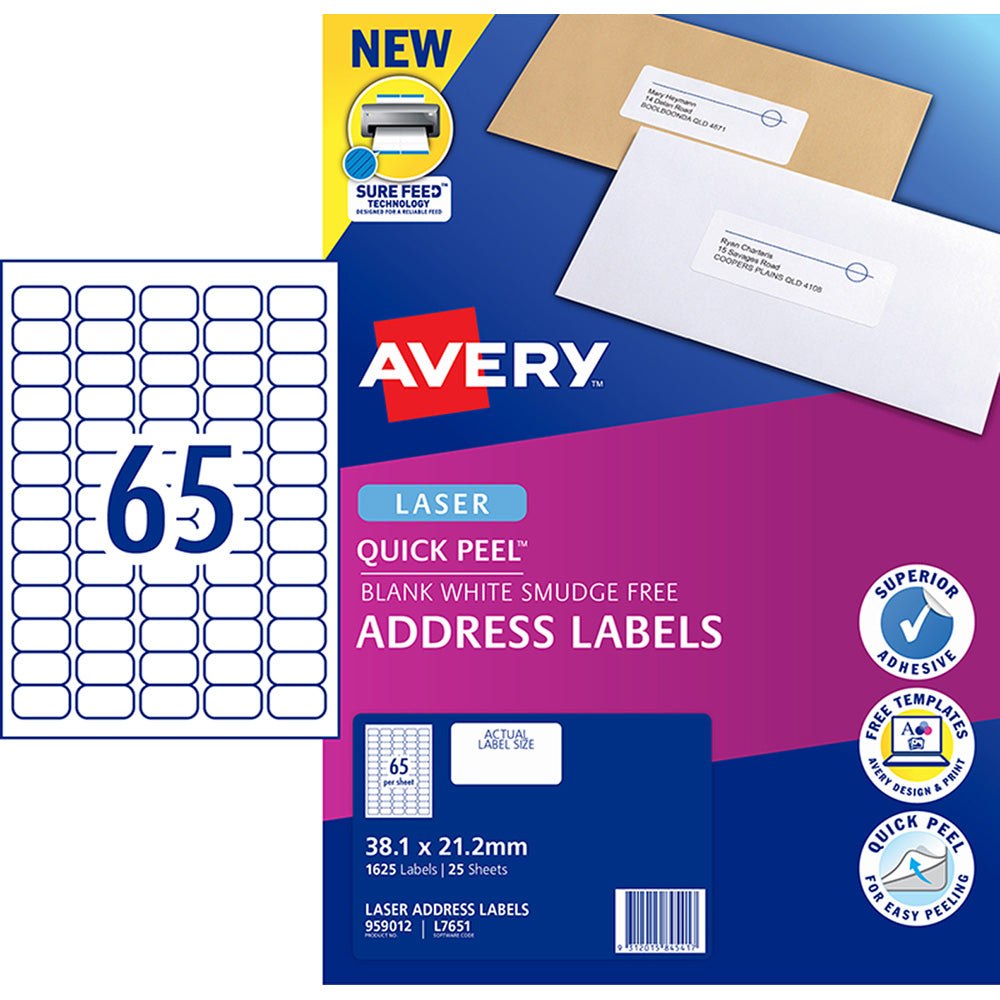 Avery Label L7651 Quick Peel White 65up 25 Sheets 38x21mm - Cafe Supply