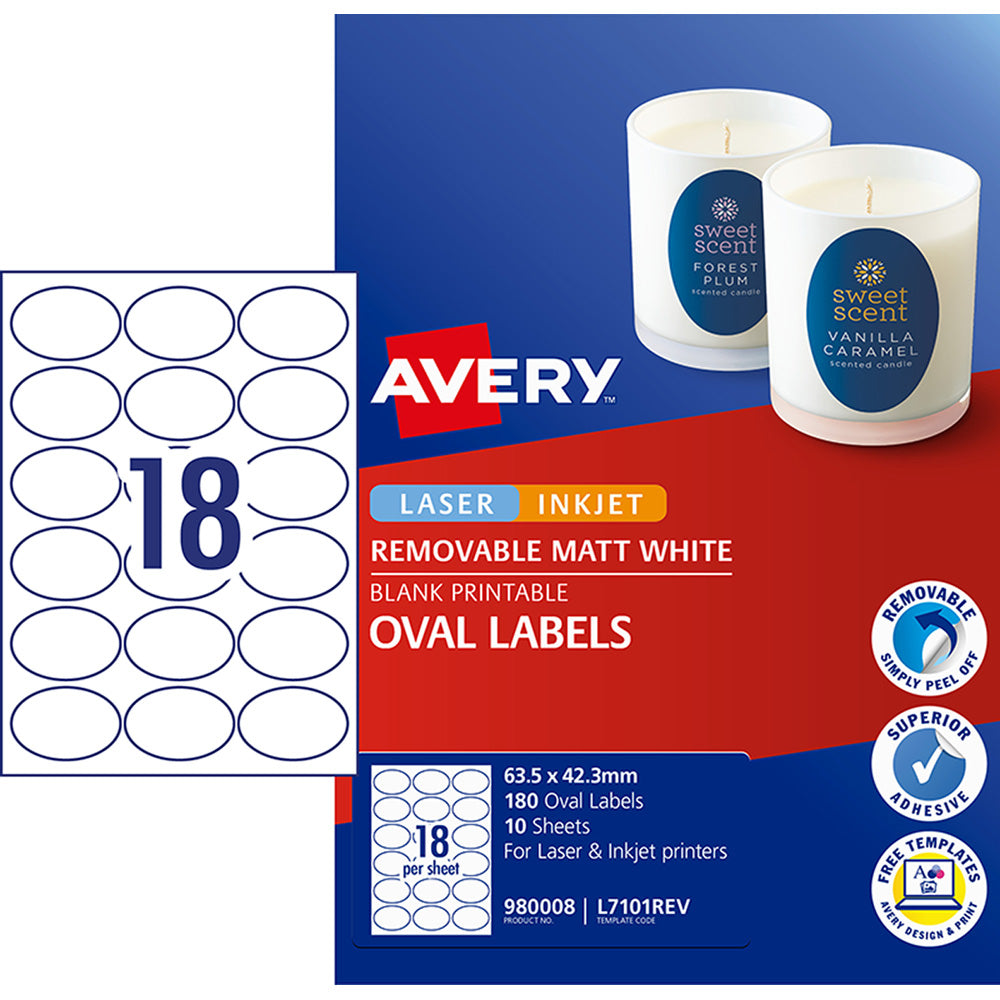 Avery Label L7101REV Oval White 18up 10 Sheets 63x42mm - Cafe Supply