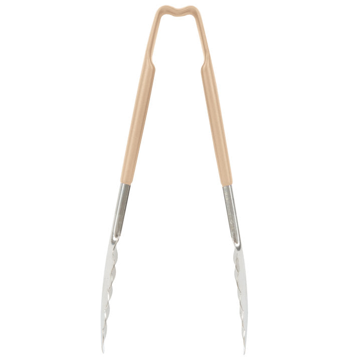 9 ½-inch stainless steel one-piece scalloped tongs with tan Kool-Touch® handle