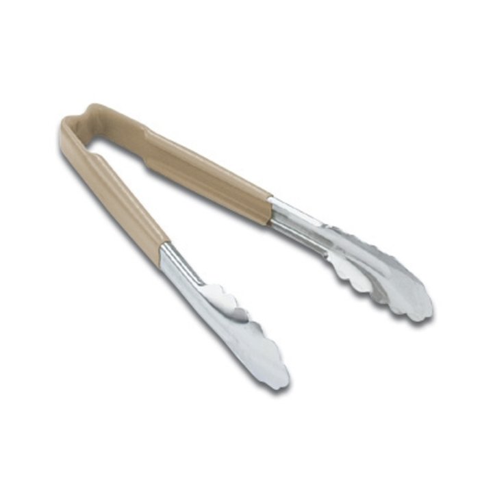 9 ½-inch stainless steel one-piece scalloped tongs with tan Kool-Touch® handle