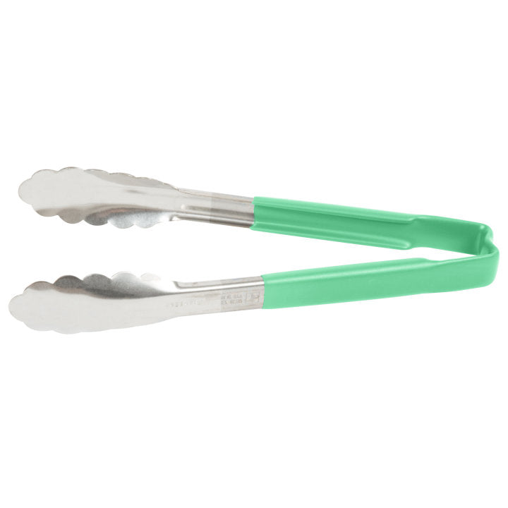 9 ½-inch stainless steel one-piece scalloped tongs with green Kool-Touch® handle