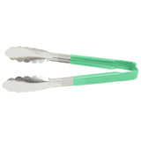 9 ½-inch stainless steel one-piece scalloped tongs with green Kool-Touch® handle