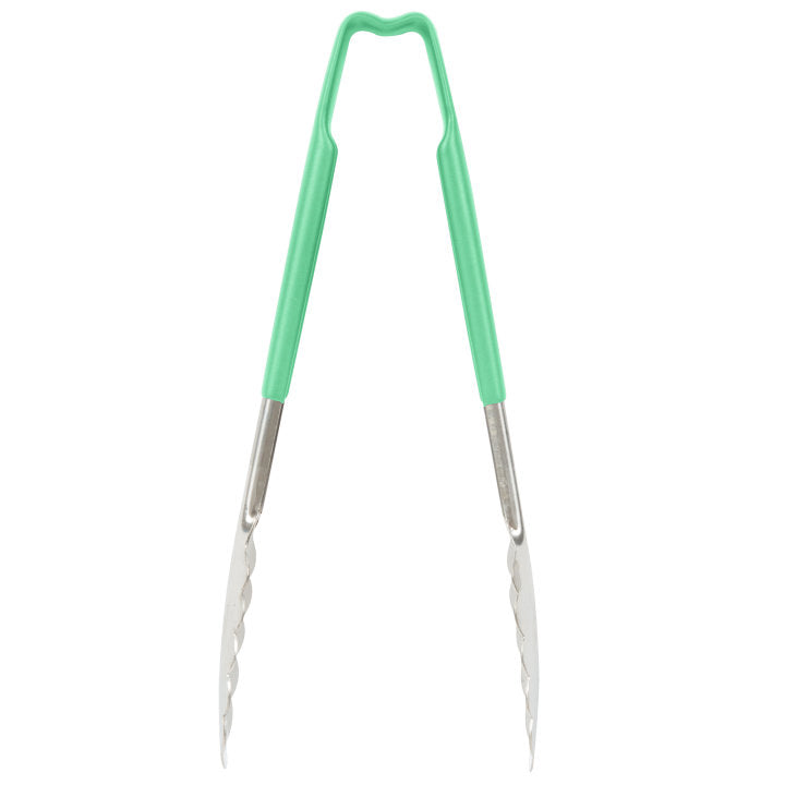 9 ½-inch stainless steel one-piece scalloped tongs with green Kool-Touch® handle