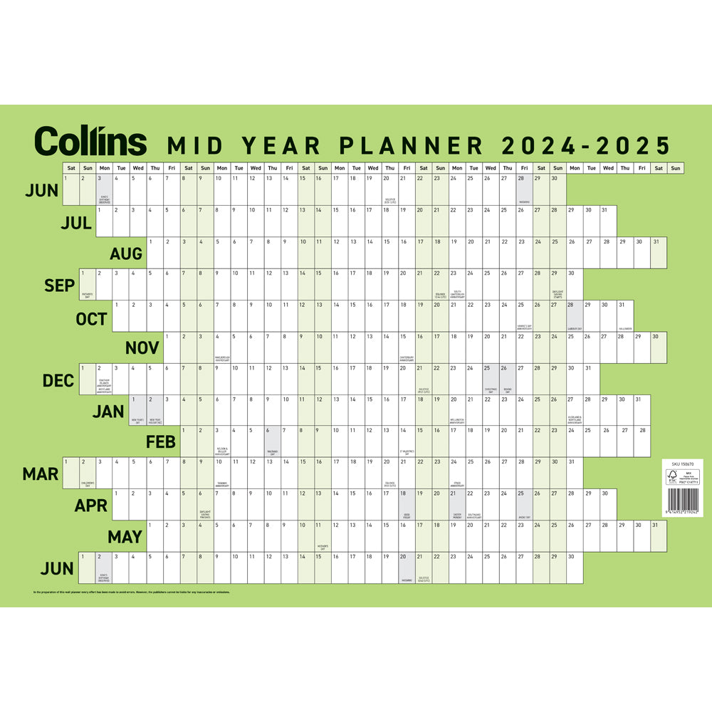 Collins Wall Planner Mid Year Laminated A2 2024/2025