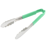 9 ½-inch stainless steel one-piece scalloped tongs with green Kool-Touch® handle