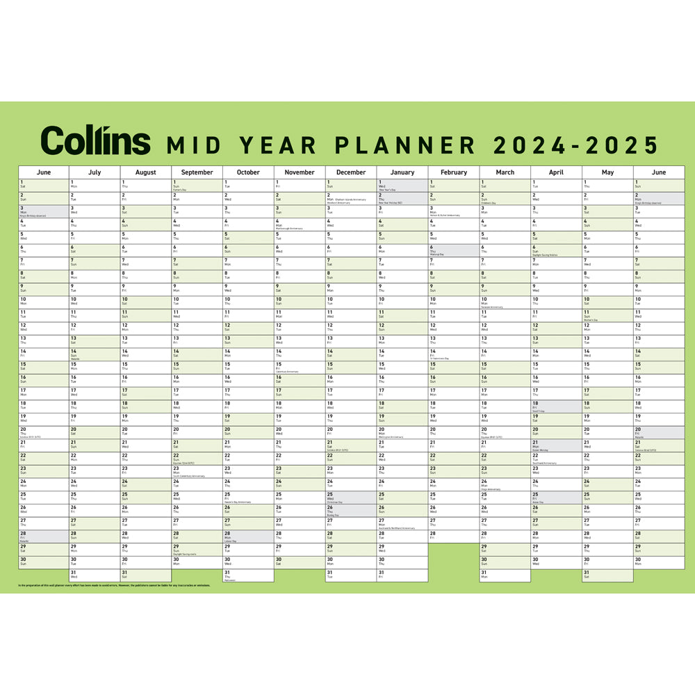 Collins Wall Planner Mid Year Laminated A2 2024/2025