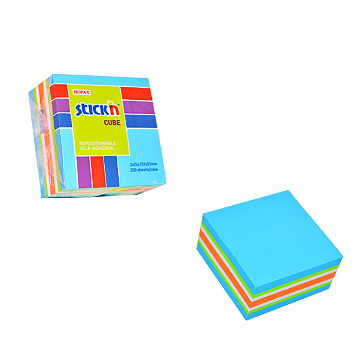 Stick'n Note Cube 51x51mm 250 Sheets Neon & Pastel Mix Blue Front