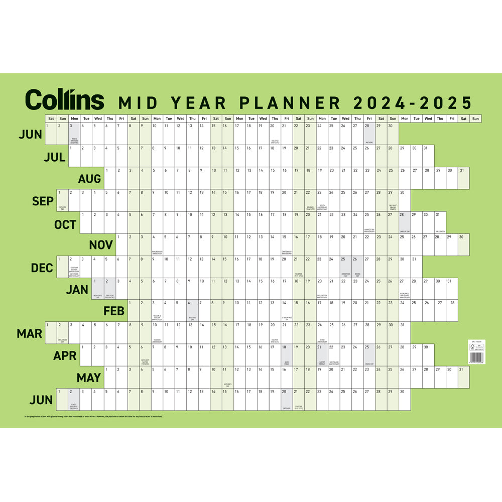 Collins Wall Planner Mid Year Large 2024/2025