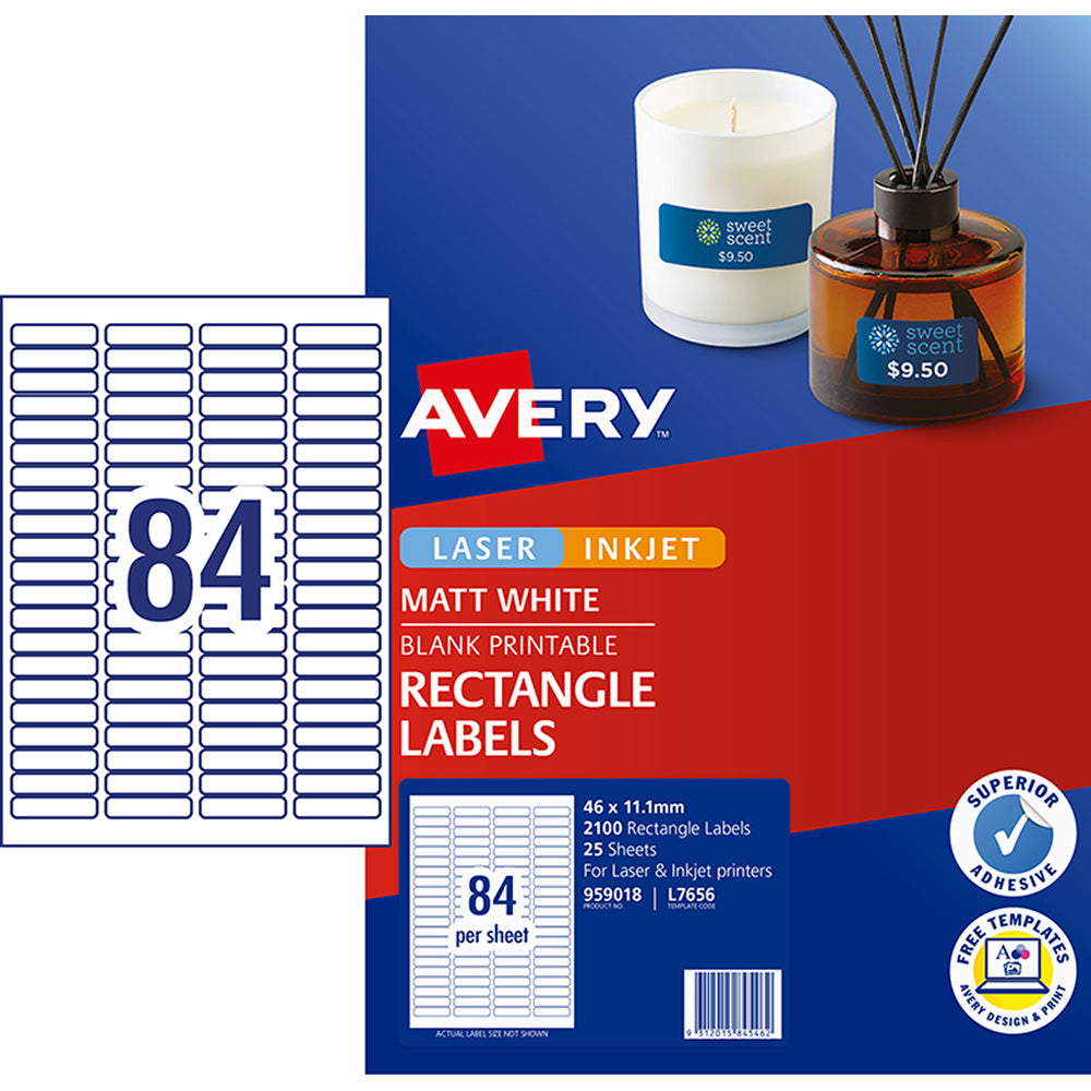 Avery Label L7656 Matt White 46x11.1mm 84up 25 Sheets - Cafe Supply