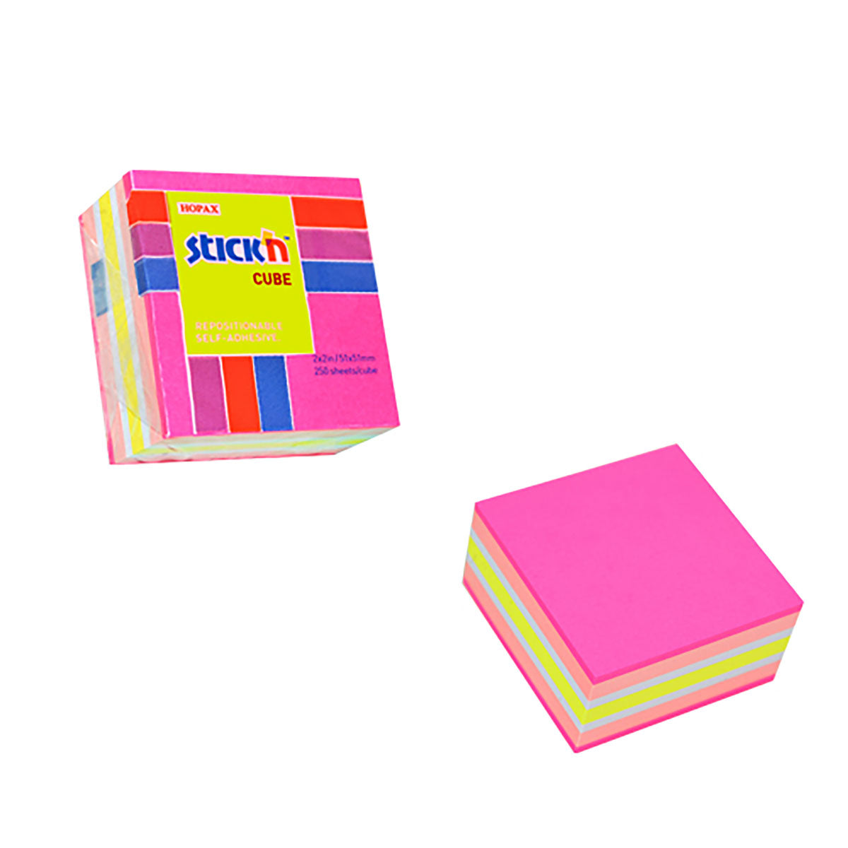 Stick'n Note Cube 51x51mm 250 Sheets Neon & Pastel Mix Magenta Front