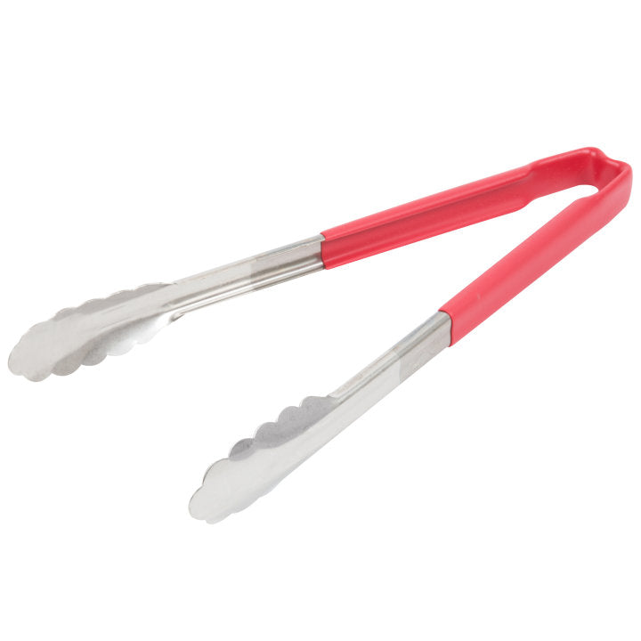 12-inch stainless steel one-piece scalloped tongs with red Kool-Touch® handle