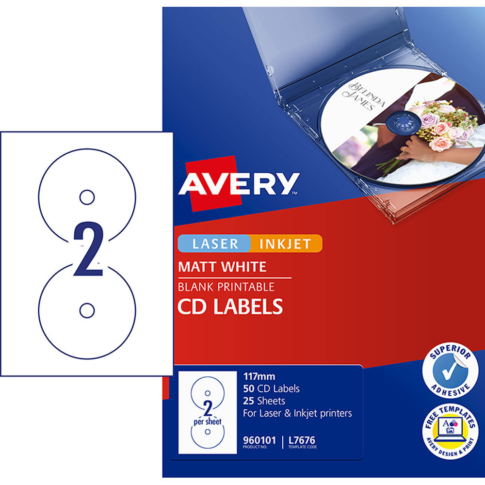 Avery Label L7676-25 CD-R/DVD 2up 25 Sheets - Cafe Supply