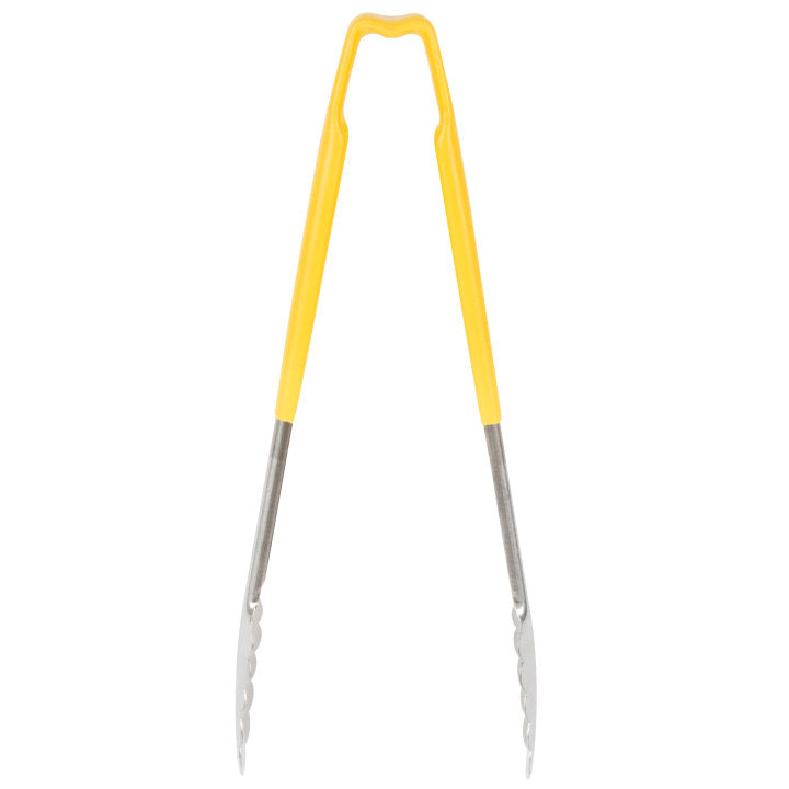 12-inch stainless steel one-piece scalloped tongs with yellow Kool-Touch® handle