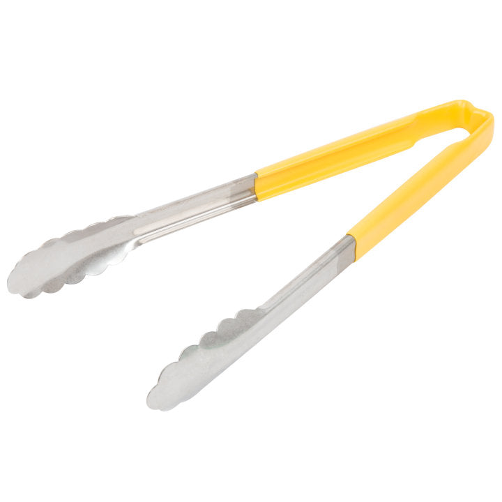 12-inch stainless steel one-piece scalloped tongs with yellow Kool-Touch® handle