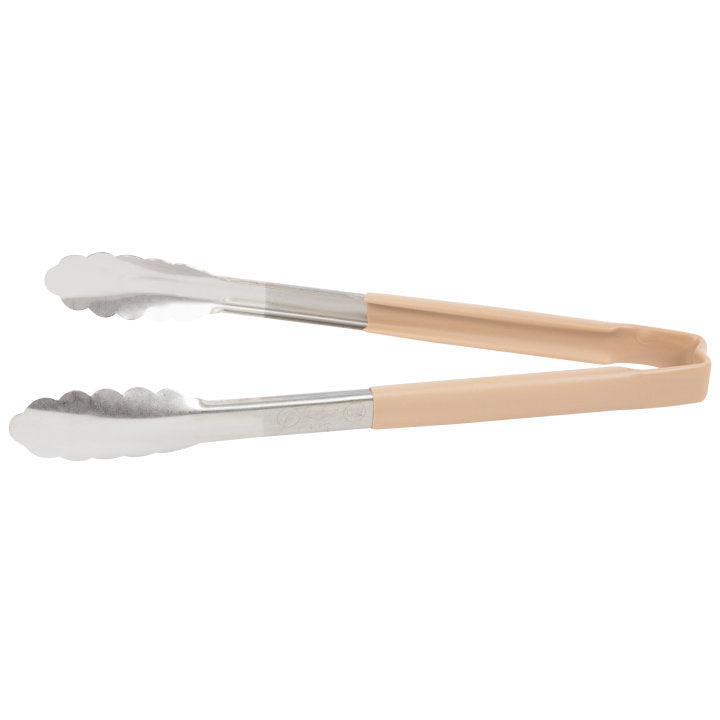 12-inch stainless steel one-piece scalloped tongs with tan Kool-Touch® handle